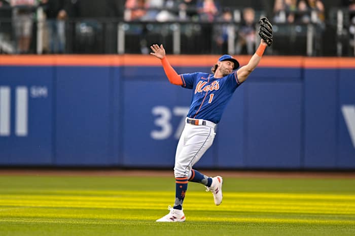 May 30, 2023; New York City, New York, USA; New York Mets second baseman Jeff McNeil (1) catches a pop fly for an out against the Philadelphia Phillies during the second inning at Citi Field.